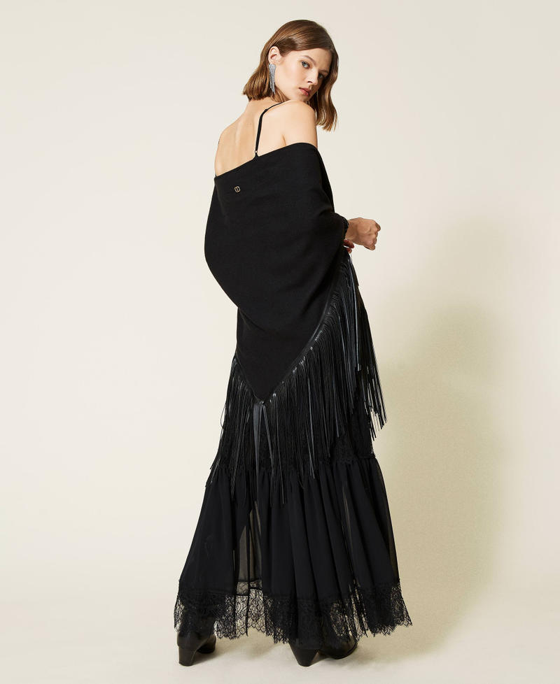 Cloth poncho with fringes Black Woman 212TO5040-03