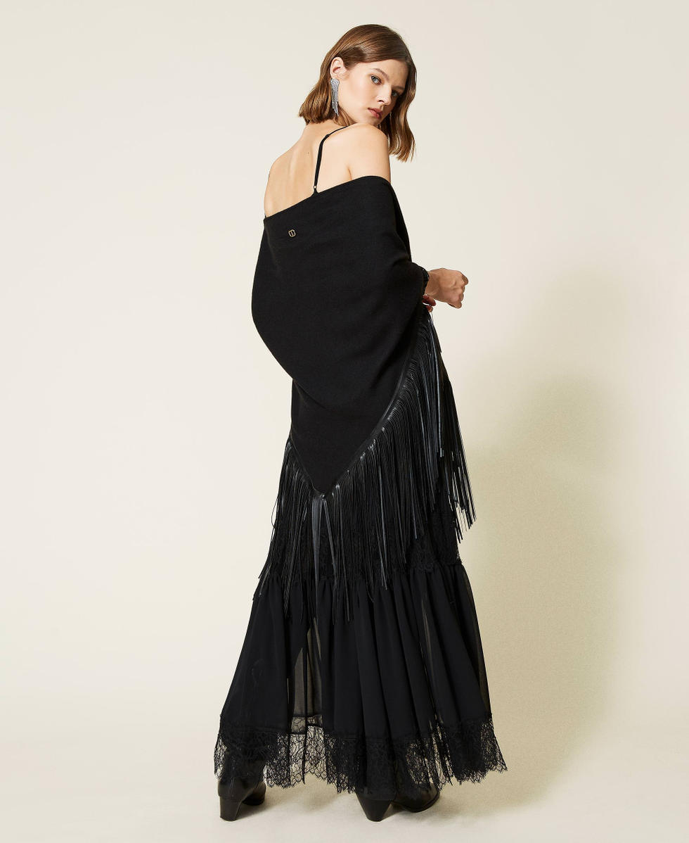Poncho aus Tuch mit Fransen Schwarz Frau 212TO5040-03