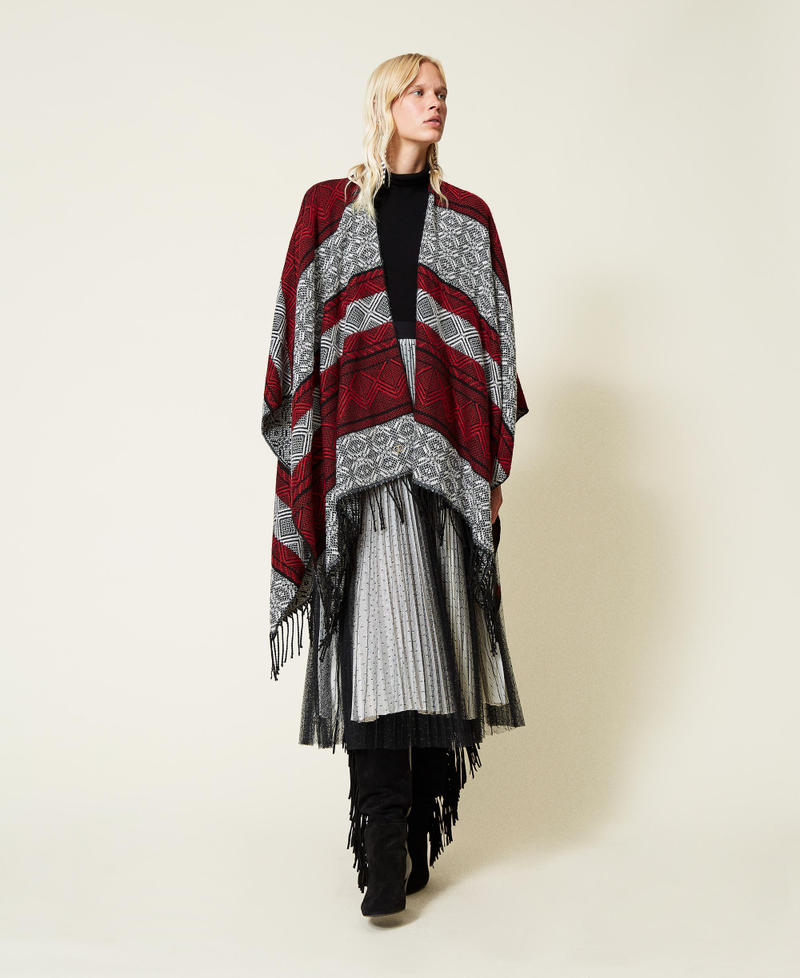 Jacquard poncho Dark Raspberry / Black / &ldquo;Snow&rdquo; White Jacquard Mix Woman 212TO504B-01