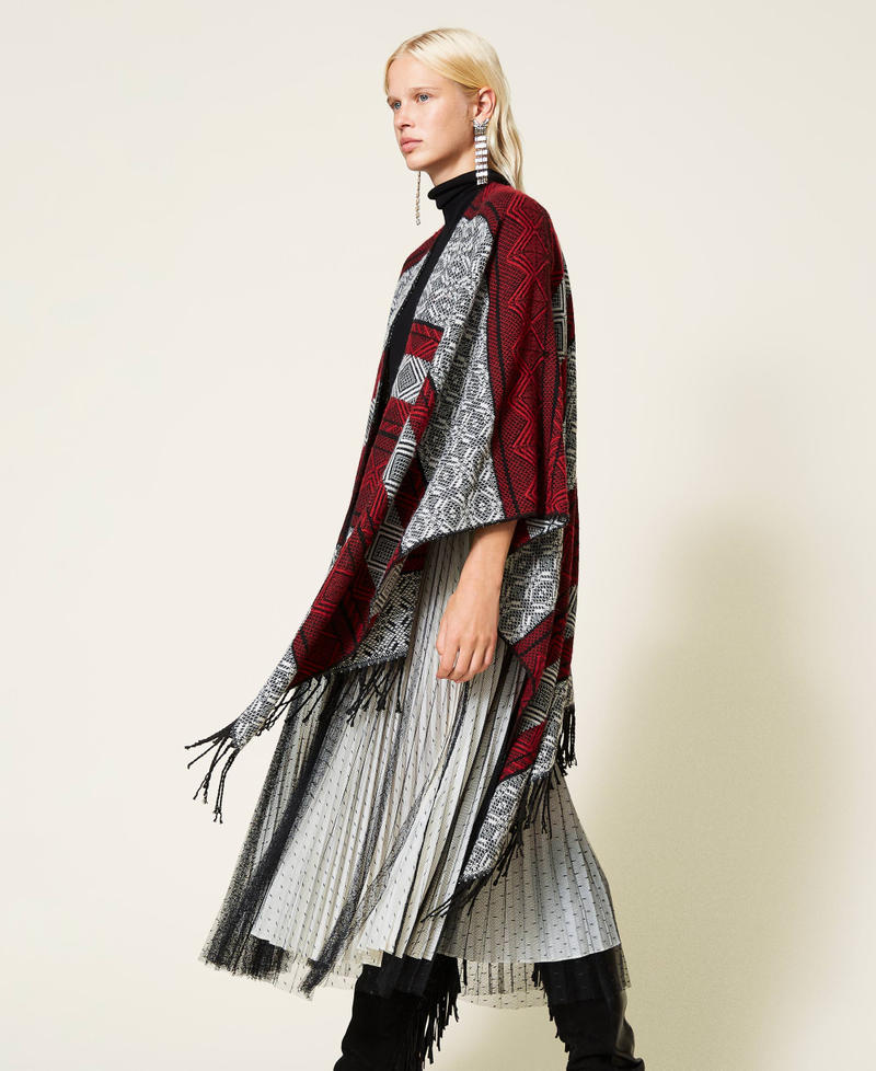 Jacquard poncho Dark Raspberry / Black / &ldquo;Snow&rdquo; White Jacquard Mix Woman 212TO504B-02