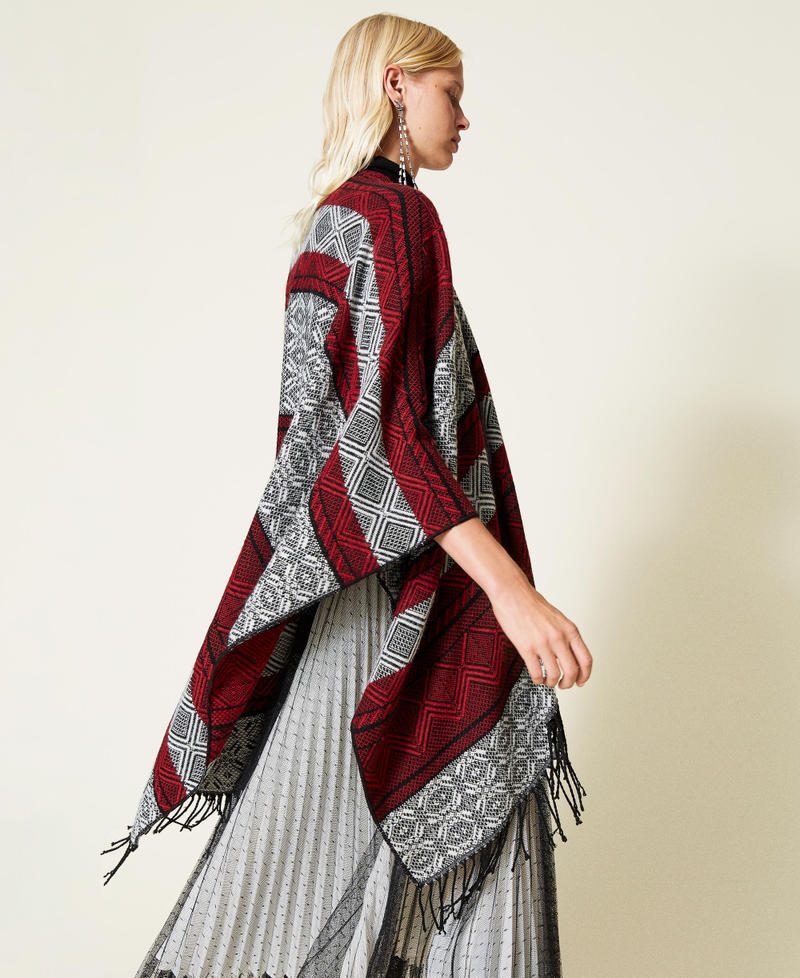 Jacquard poncho Dark Raspberry / Black / &ldquo;Snow&rdquo; White Jacquard Mix Woman 212TO504B-03