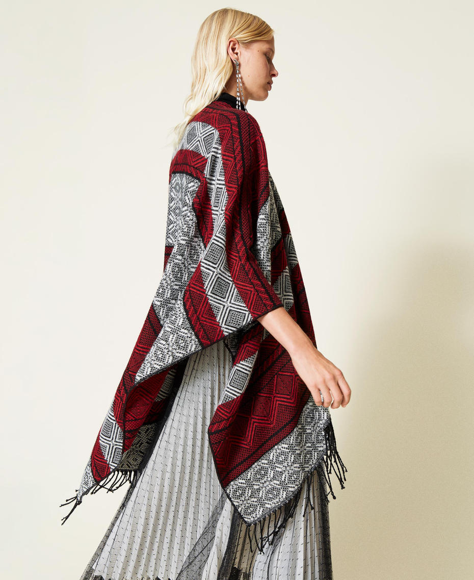 Jacquard poncho Dark Raspberry / Black / &ldquo;Snow&rdquo; White Jacquard Mix Woman 212TO504B-03