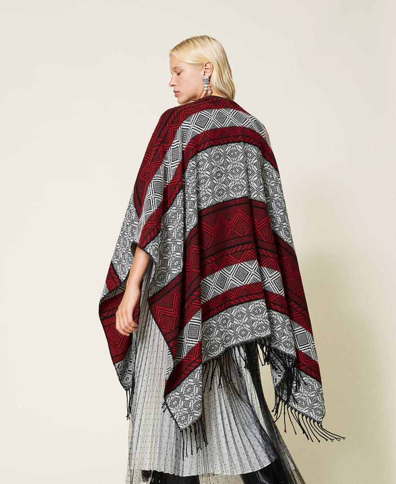Jacquard poncho Dark Raspberry / Black / &ldquo;Snow&rdquo; White Jacquard Mix Woman 212TO504B-04