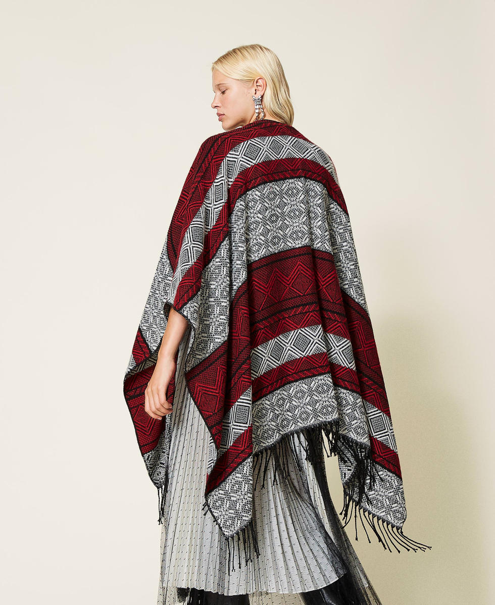 Jacquard poncho Dark Raspberry / Black / &ldquo;Snow&rdquo; White Jacquard Mix Woman 212TO504B-04