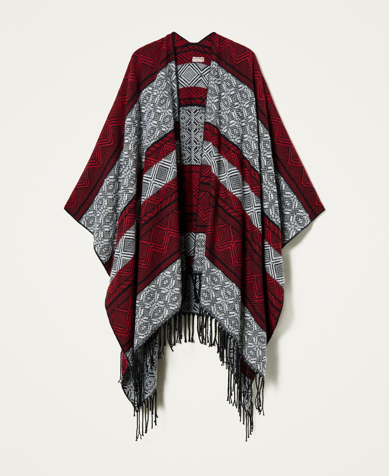 Jacquard poncho Dark Raspberry / Black / &ldquo;Snow&rdquo; White Jacquard Mix Woman 212TO504B-0S