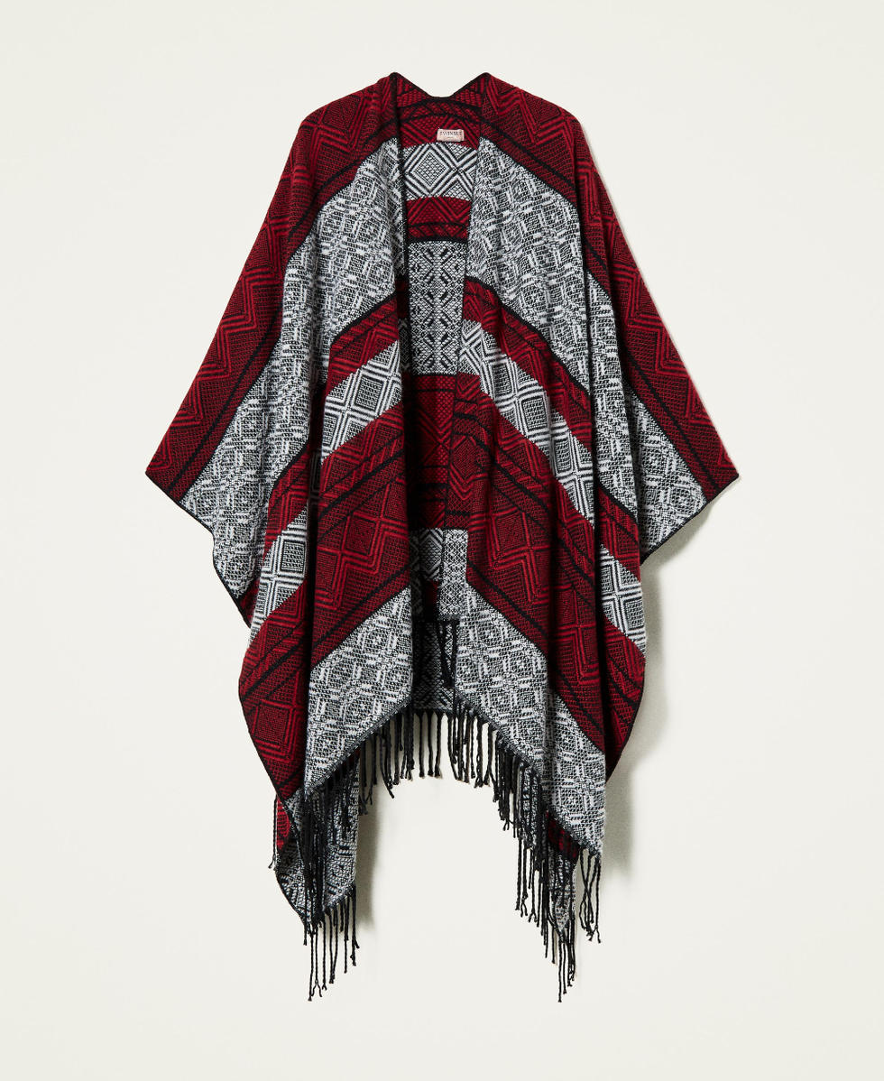Jacquard poncho Dark Raspberry / Black / &ldquo;Snow&rdquo; White Jacquard Mix Woman 212TO504B-0S