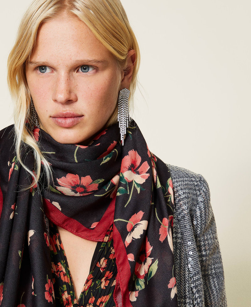 Floral print kefiah Fadeout Black / &ldquo;Coral Candy&rdquo; Red Flowers Woman 212TO504J-0S