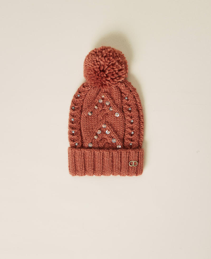Cable knit beanie hat with embroidery Canyon Pink Woman 212TO5051-01