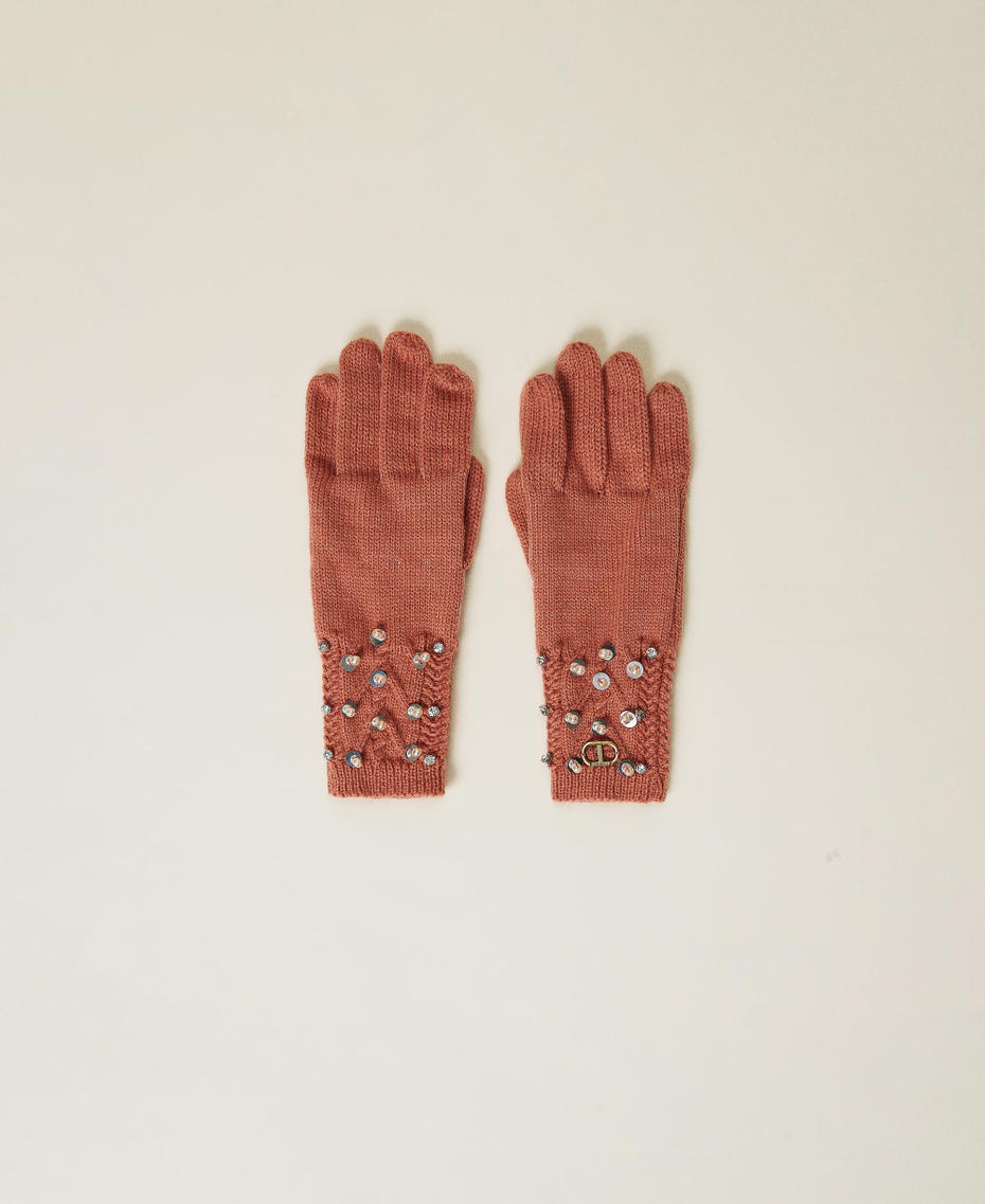 Cable knit gloves with embroidery Canyon Pink Woman 212TO5052-01