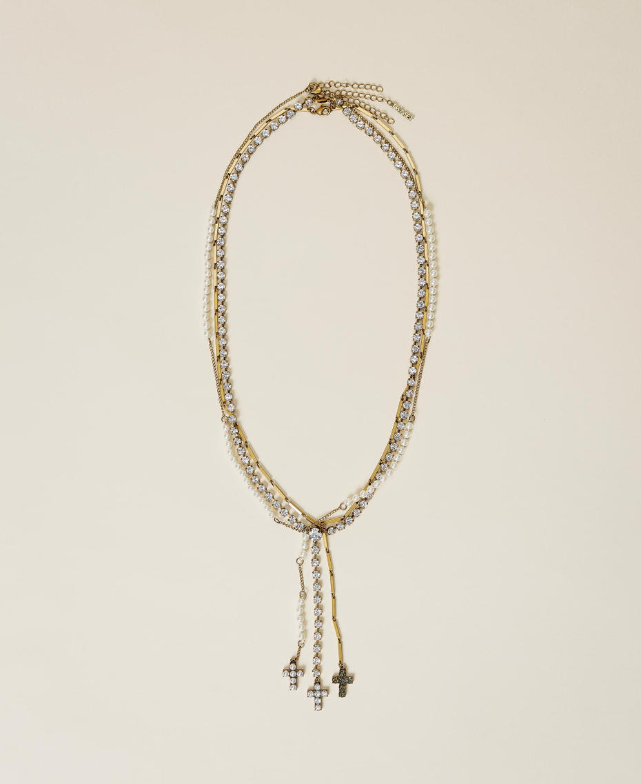 Necklace set with crosses Two-tone Coppery Aged Brass / Crystal Silver Woman 212TO506G-01