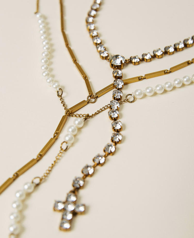 Parure de colliers avec croix Bicolore Laiton Vieilli Cuivré / Argent Cristal Femme 212TO506G-02