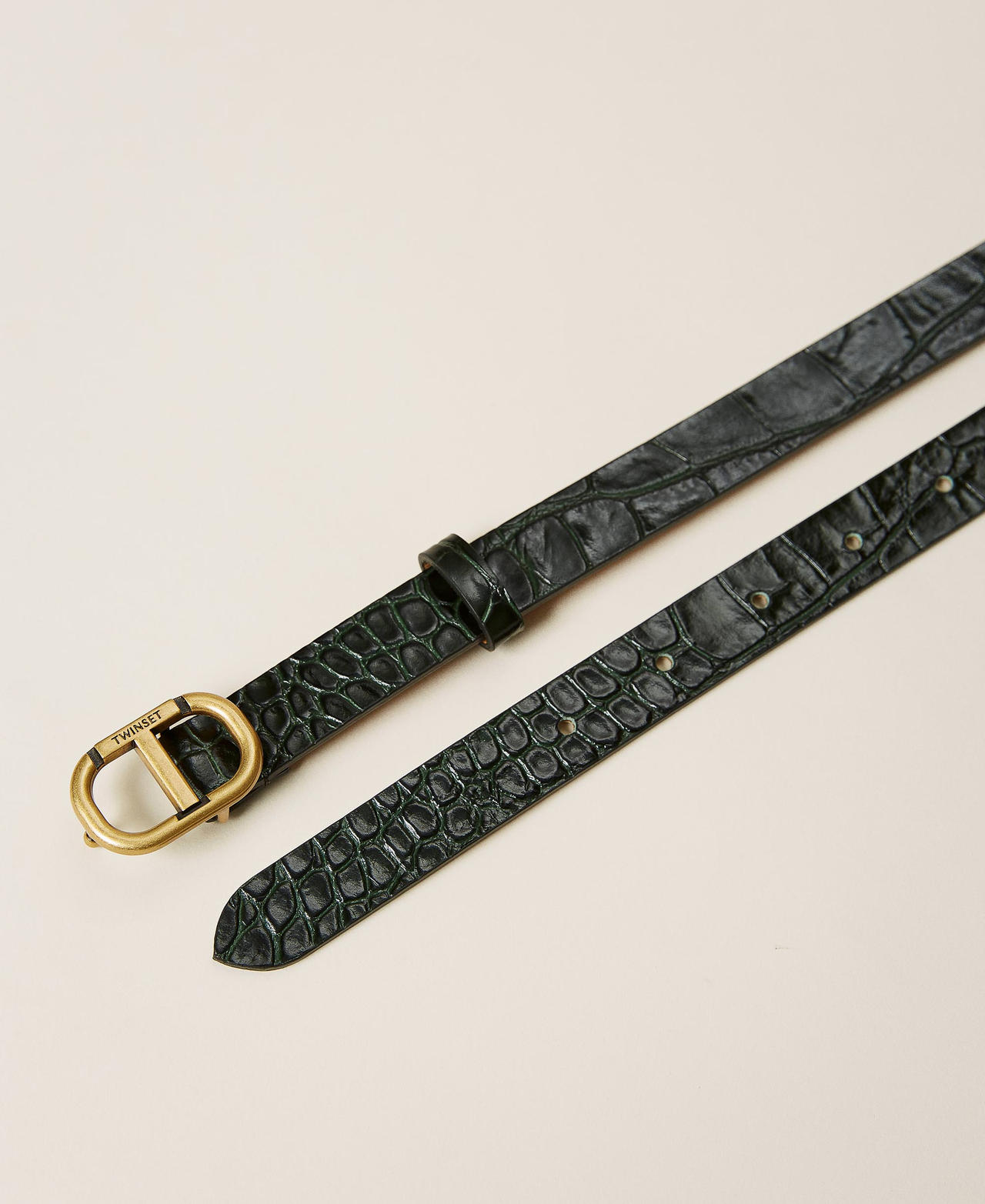 Leather belt with croc print Dark Green Crocodile Print Woman 212TO5092-03