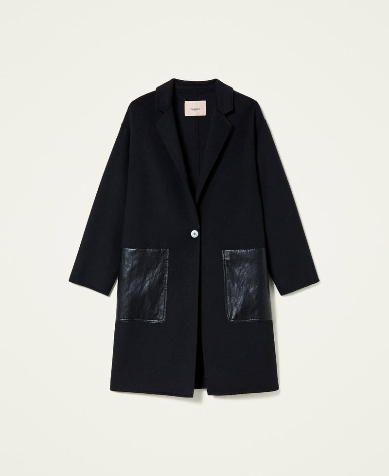 Mantel aus zweilagigem Tuch mit Kontrasttaschen Schwarz Frau 212TP2013-0S