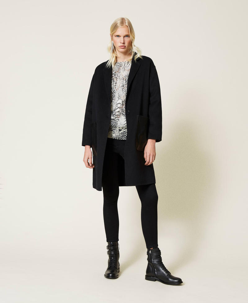 Double wool cloth coat with contrasting pockets Black Woman 212TP2013-0T