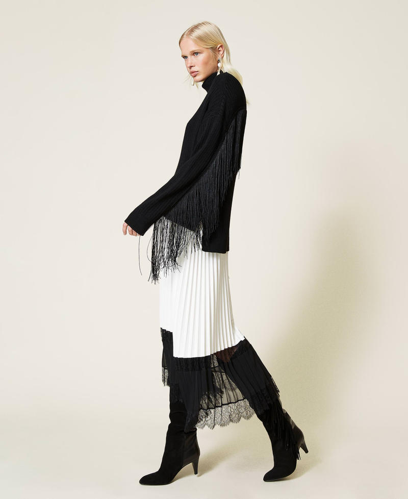 Jupe longue plissée avec dentelle Bicolore Blanc Neige / Noir Femme 212TP2090-02