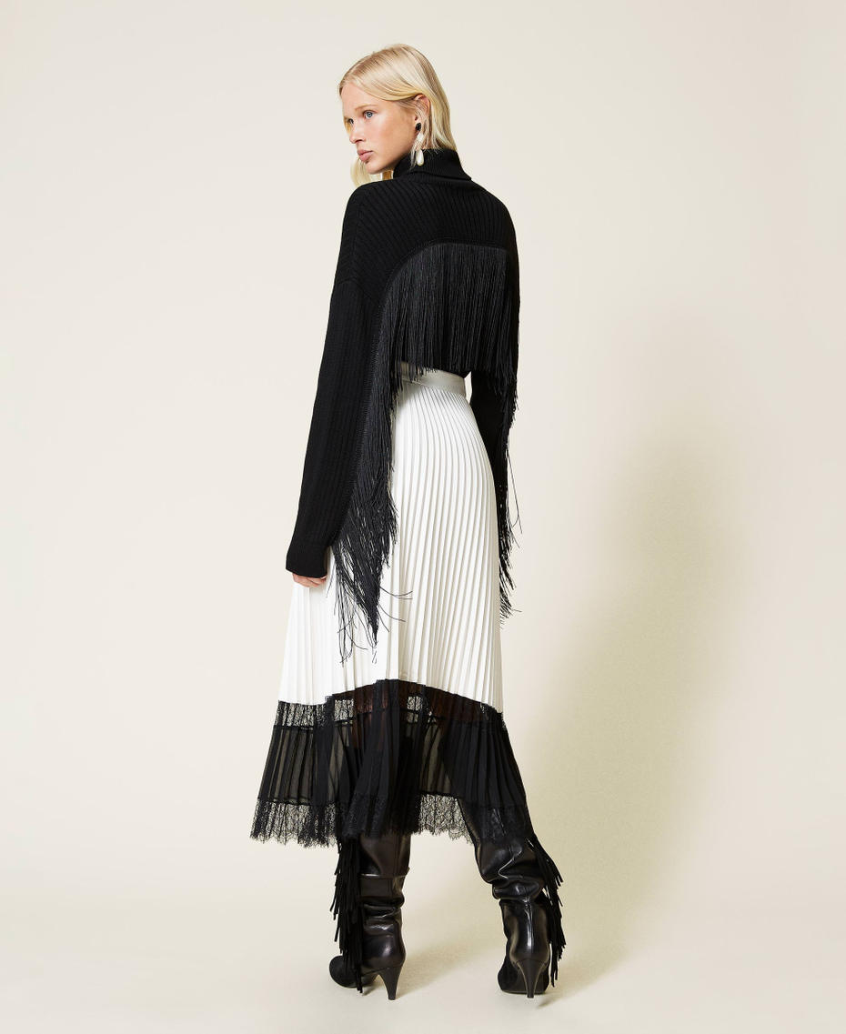 Jupe longue plissée avec dentelle Bicolore Blanc Neige / Noir Femme 212TP2090-03