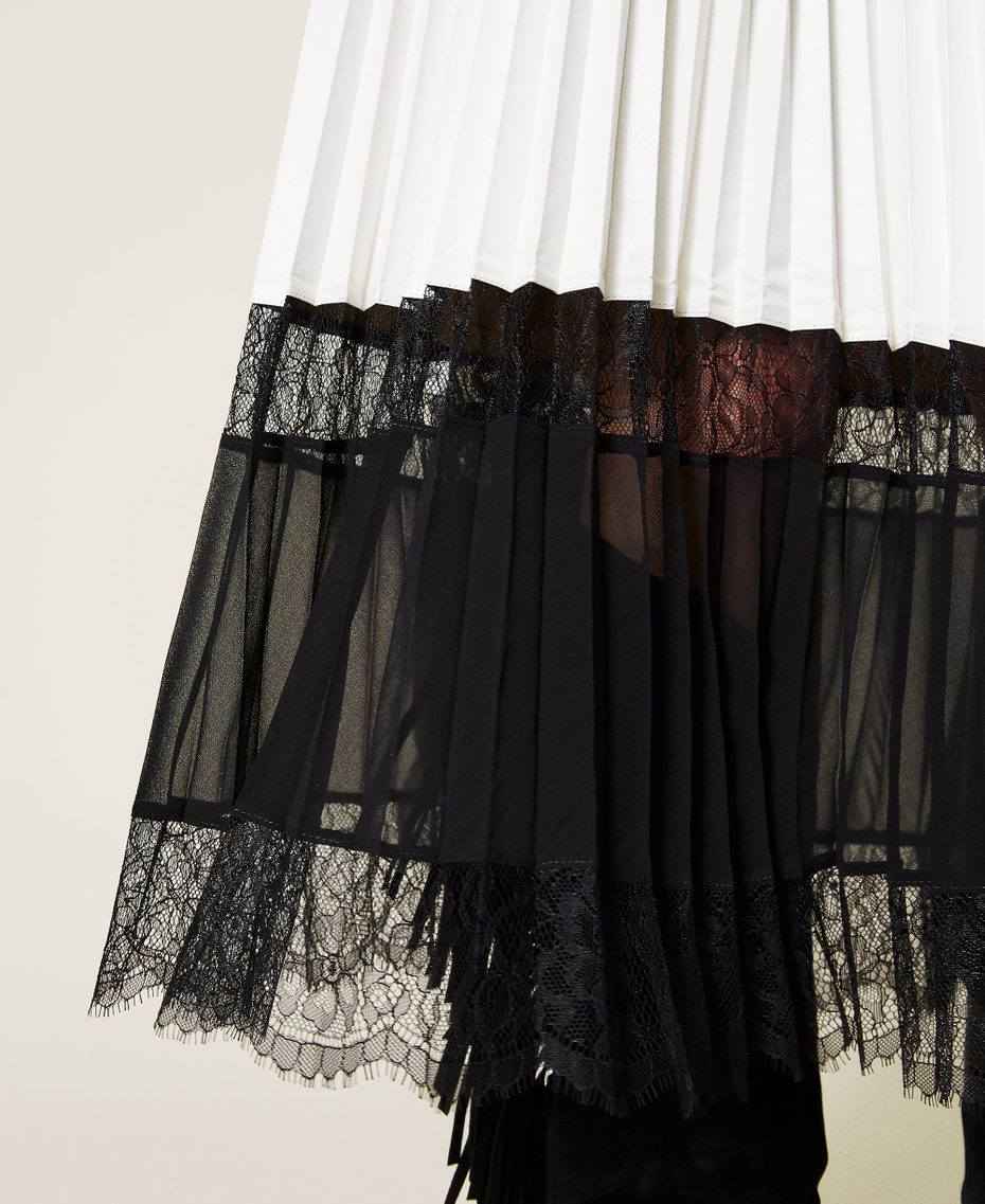 Long pleated skirt with lace Bicolour "Snow" White / Black Woman 212TP2090-05