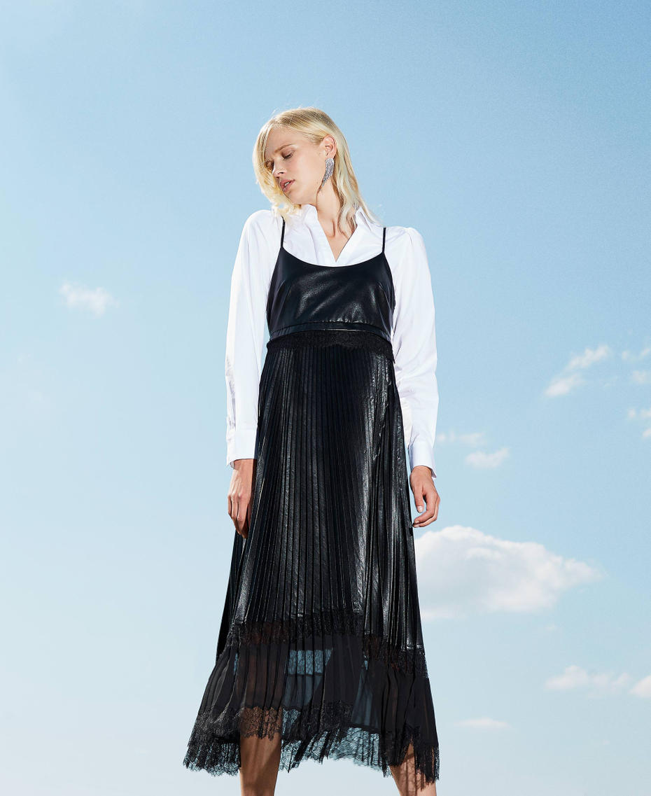 Pleated long dress with lace Black Woman 212TP2091-01