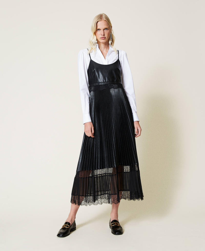 Pleated long dress with lace Black Woman 212TP2091-02