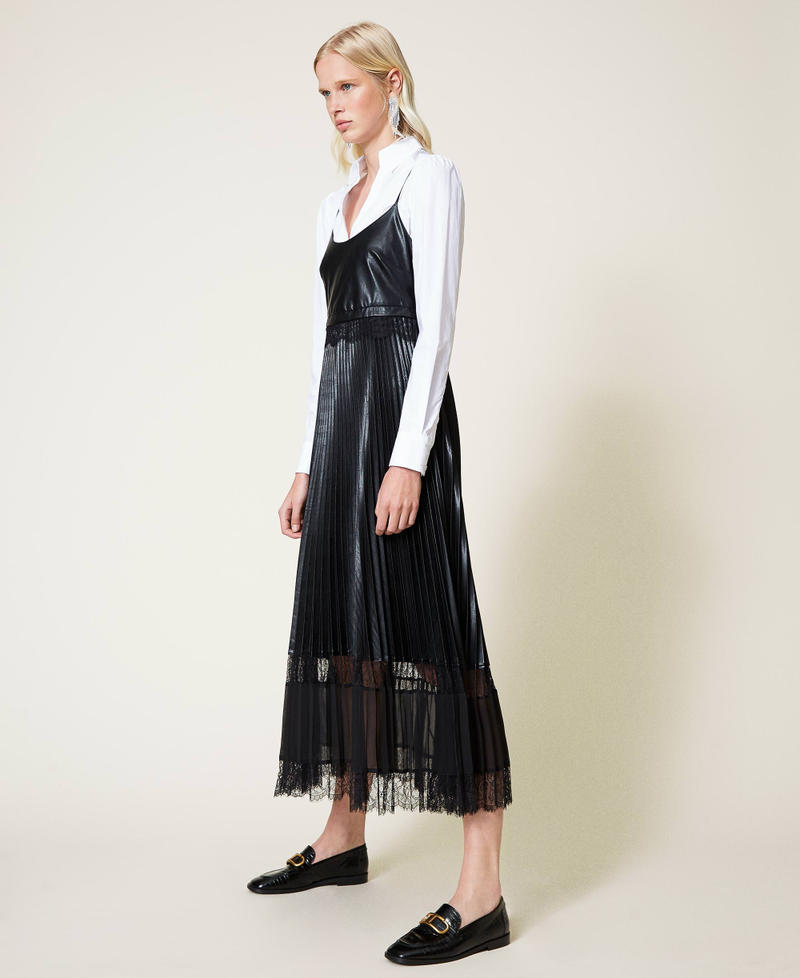 Pleated long dress with lace Black Woman 212TP2091-03