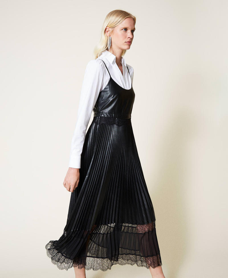 Pleated long dress with lace Black Woman 212TP2091-04