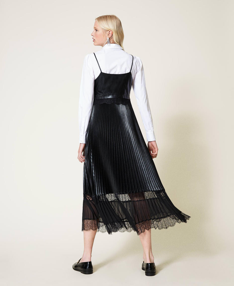 Pleated long dress with lace Black Woman 212TP2091-05