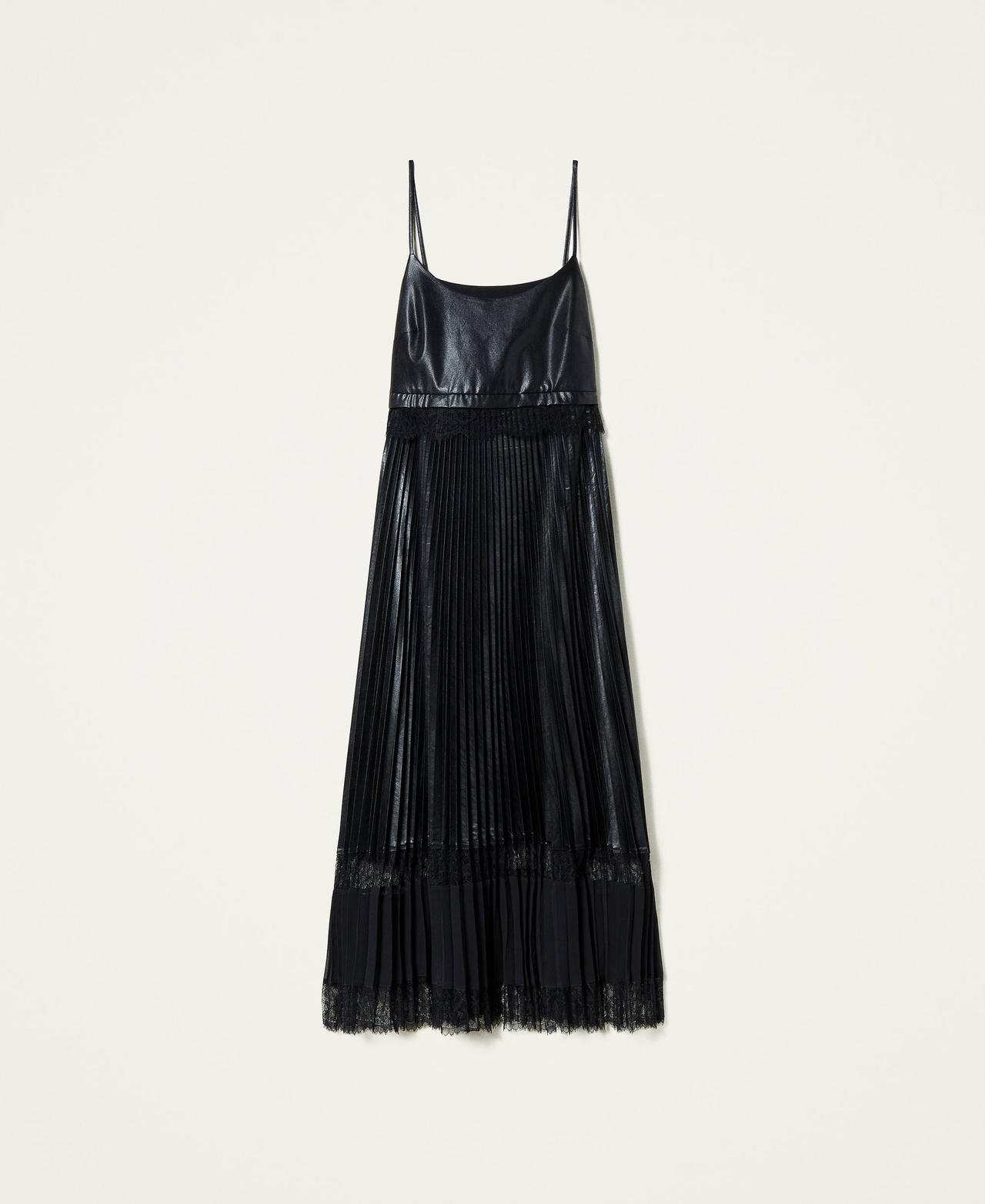 Pleated long dress with lace Black Woman 212TP2091-0S