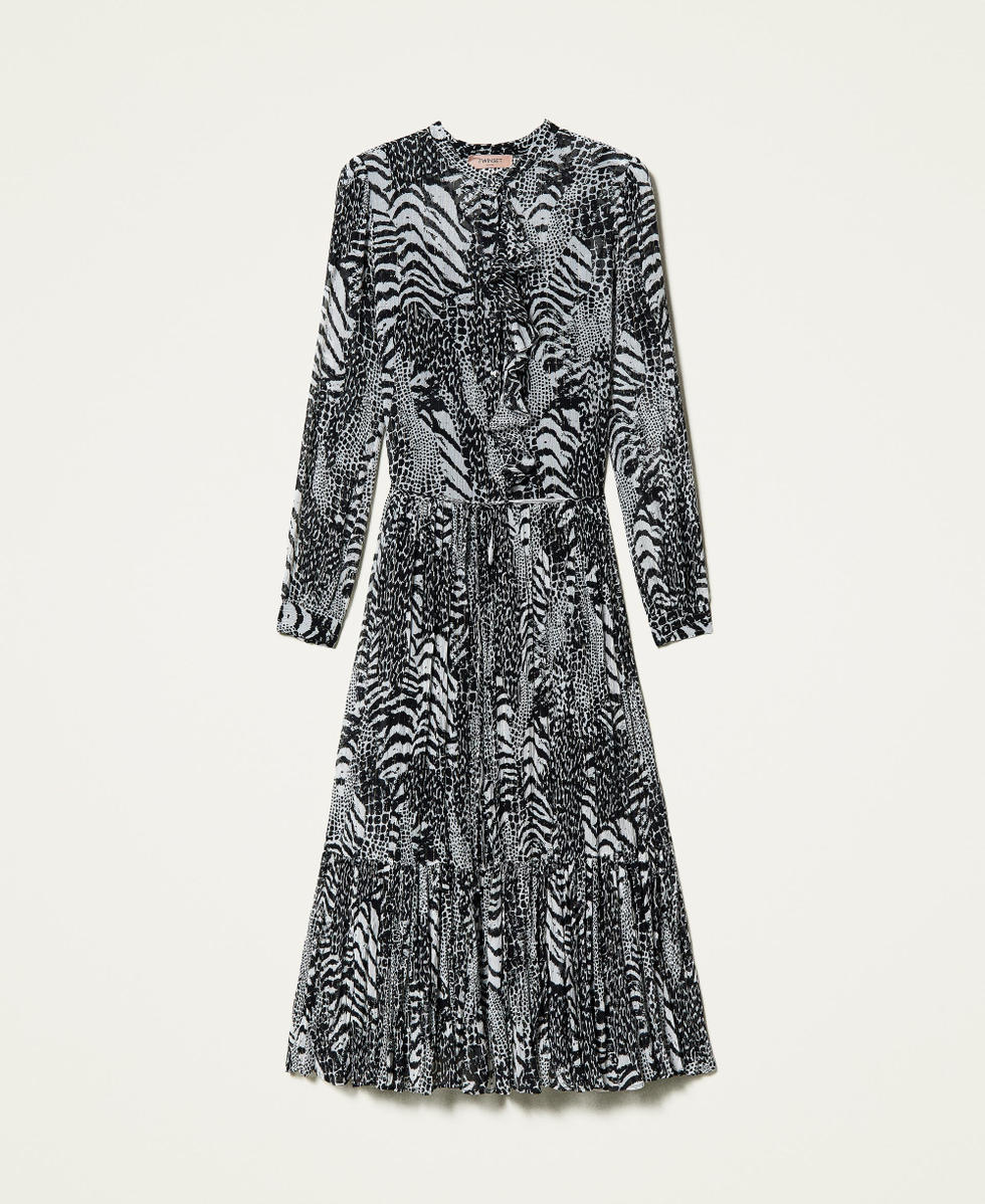Maxikleid aus Krepon mit Animaldessin Animalprint-Patchwork Schnee / Schwarz Frau 212TP2100-0S