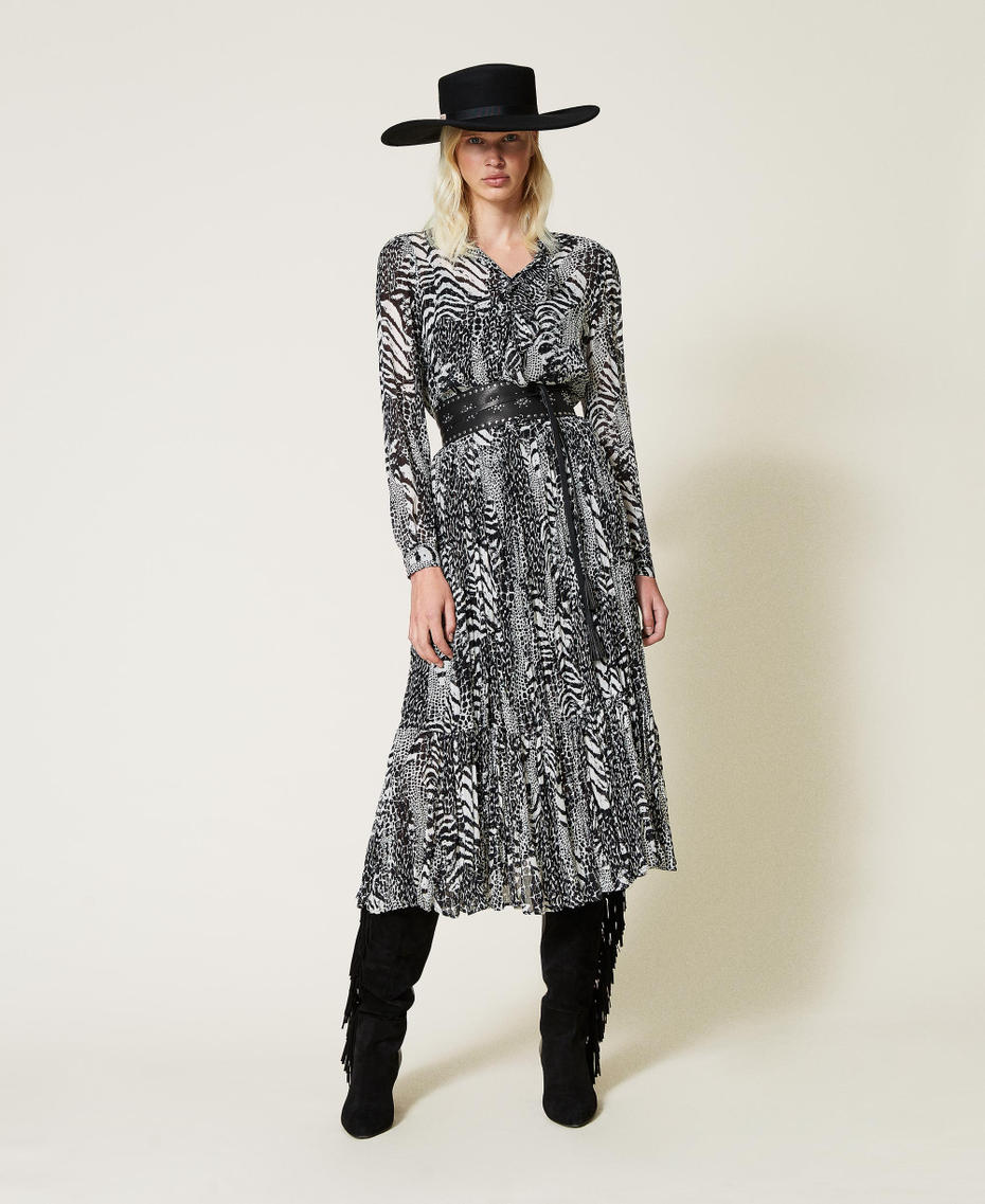 Длинное платье из креп-шифона с животным принтом Животный Принт Патч Снег/Черный женщина 212TP2100-0T