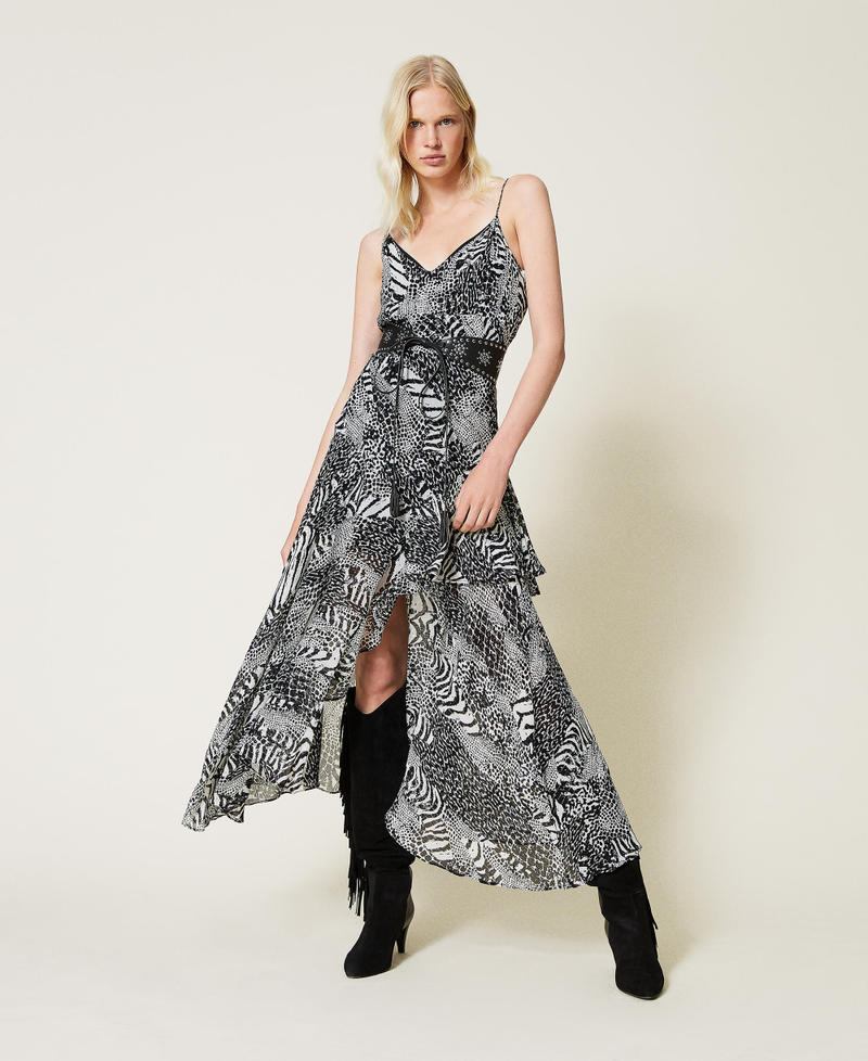 Creponne slip dress with animal print Snow / Black Animal Print Patch Woman 212TP2101-01