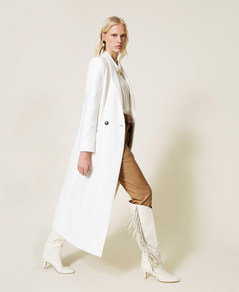 Langer Mantel aus Tuch aus Wollmischung Weiß Schnee Frau 212TP2181-03