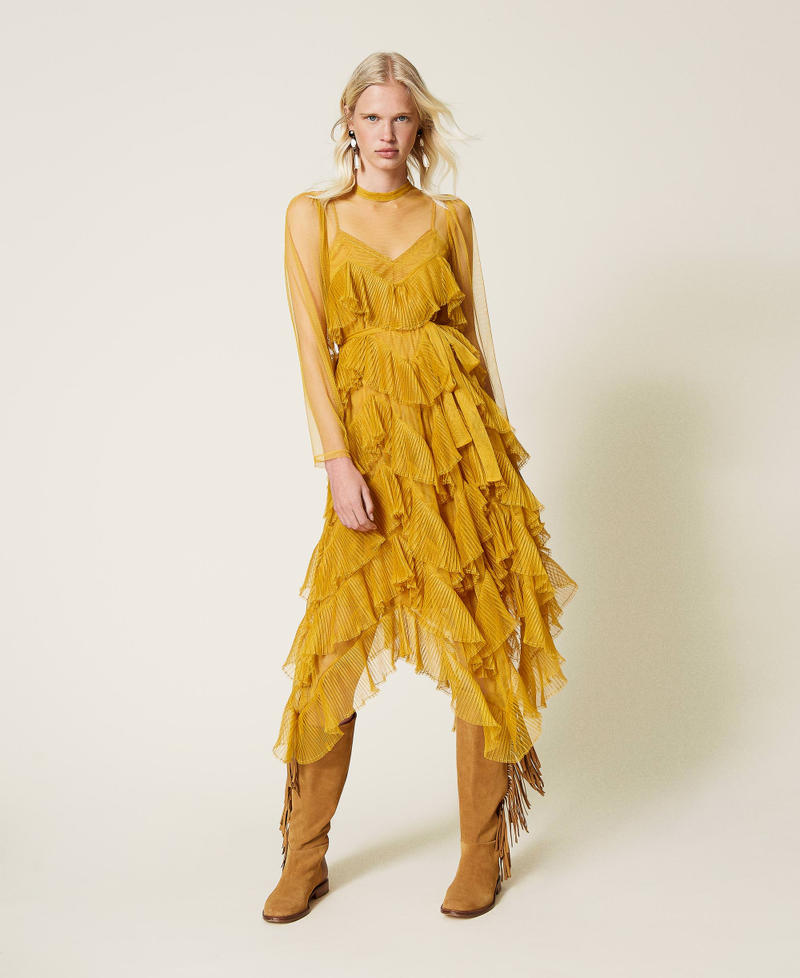 Pleated flounce tulle dress Saffron Yellow Woman 212TP2200-01