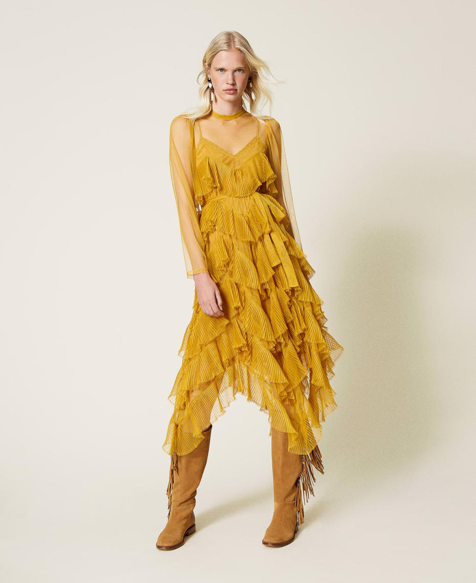 Pleated flounce tulle dress Saffron Yellow Woman 212TP2200-01