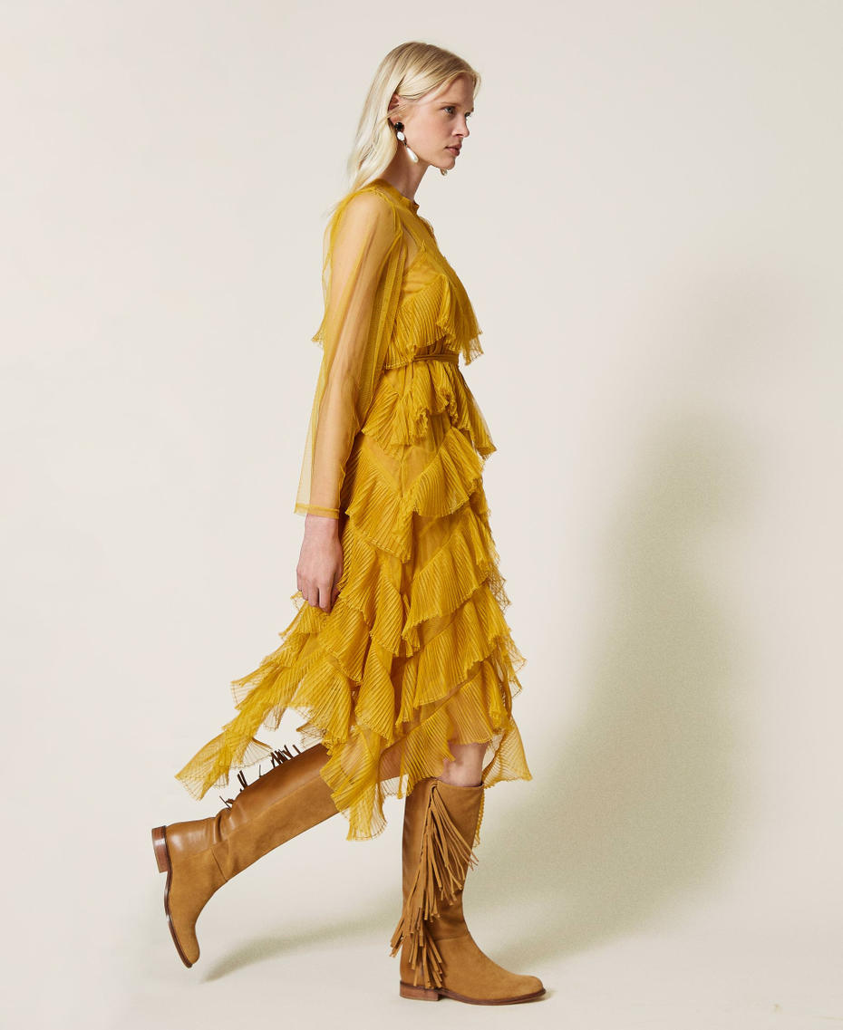 Pleated flounce tulle dress Saffron Yellow Woman 212TP2200-04
