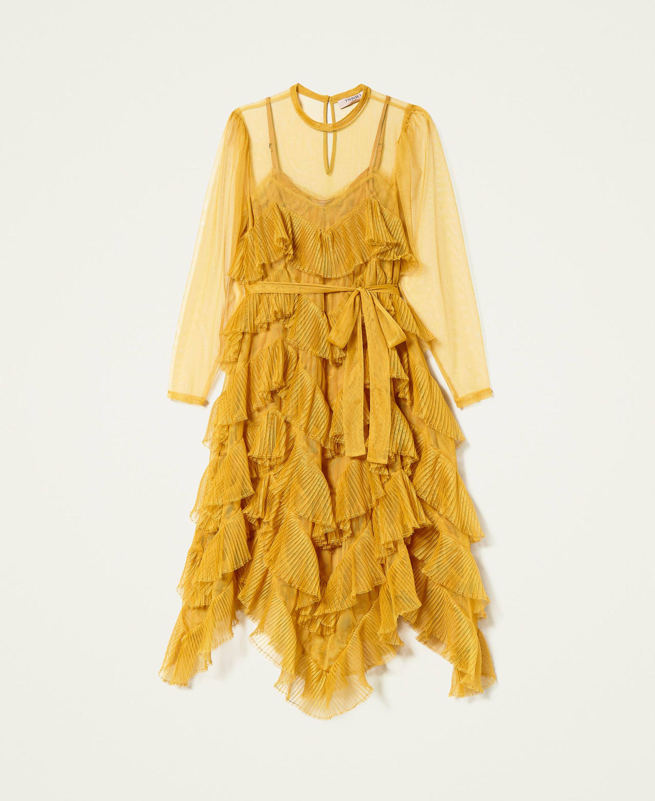Vestido de tul con volantes plisados Amarillo Azafrán Mujer 212TP2200-0S