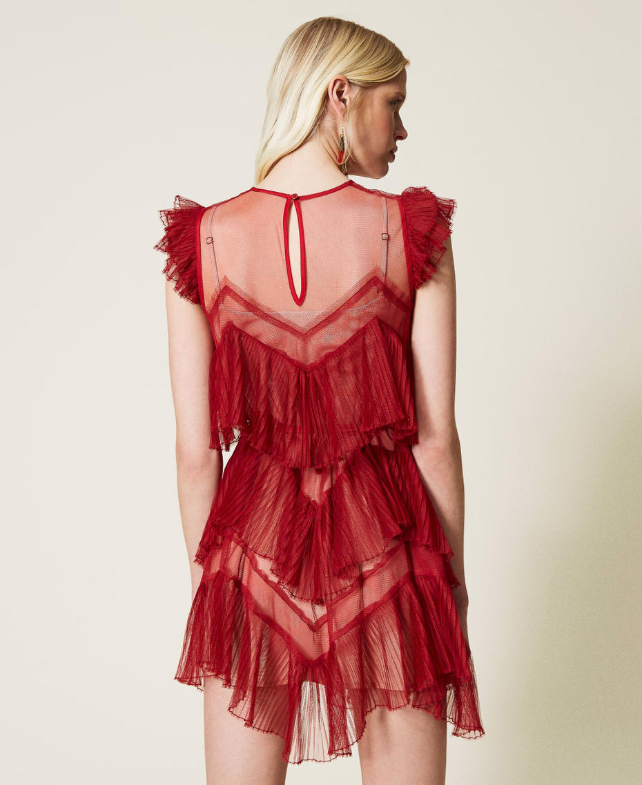 Vestido corto de tul con volantes plisados Frambuesa Oscura Mujer 212TP2201-03
