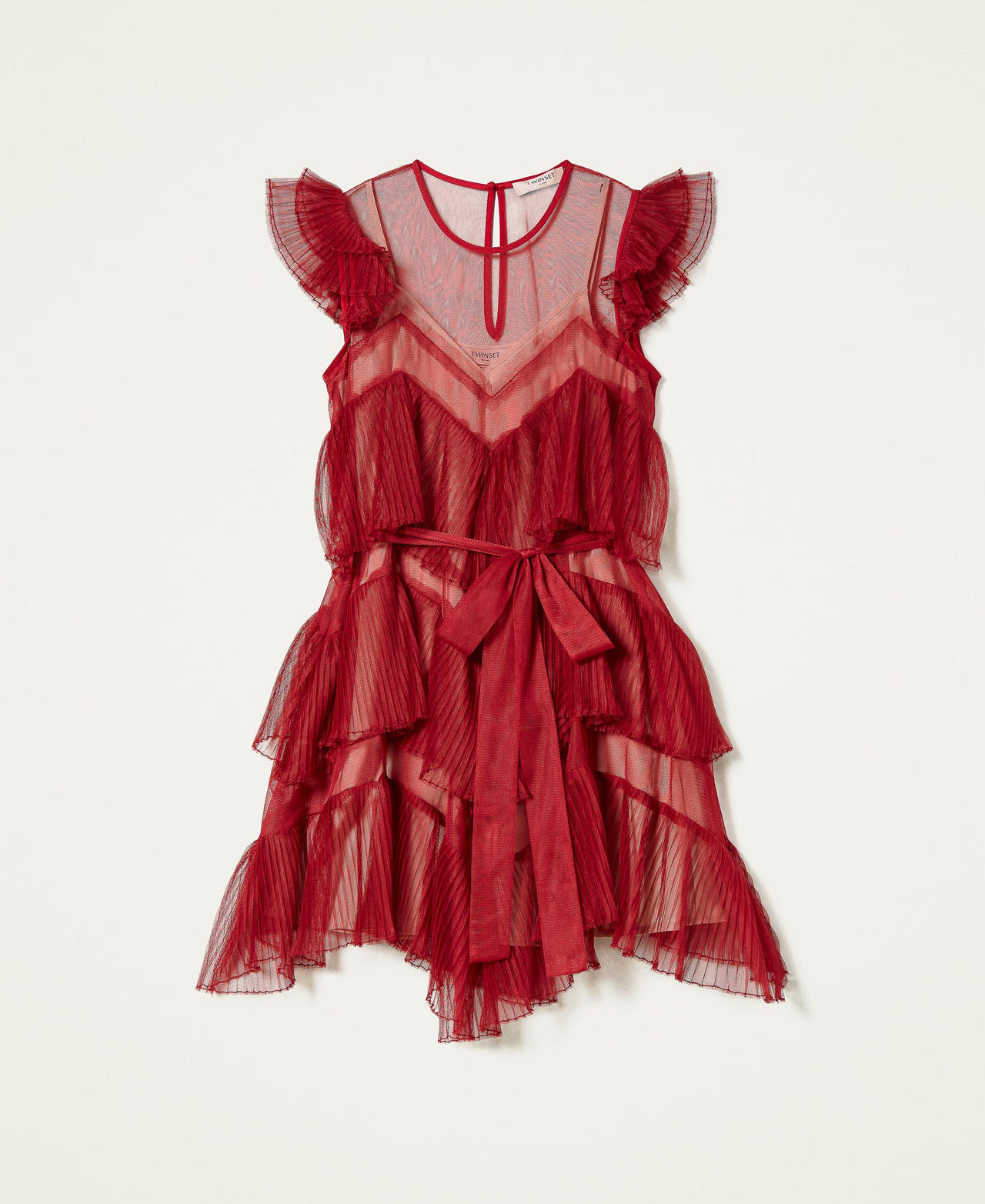 Kurzes Kleid aus Tüll mit plissierten Volants Dunkle Himbeere Frau 212TP2201-0S