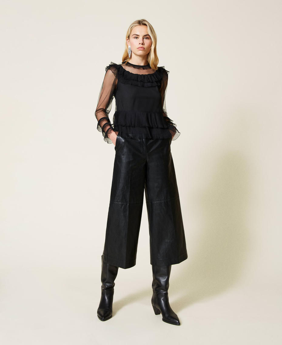 Pleated flounce tulle blouse Black Woman 212TP2202-01