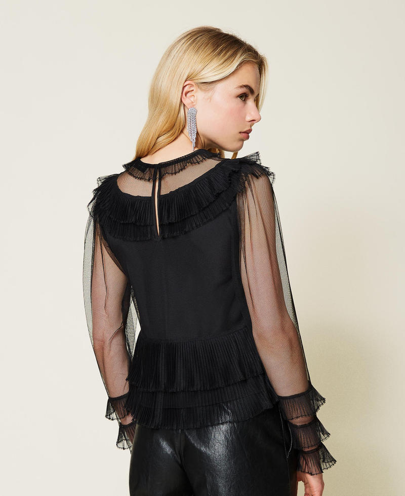 Pleated flounce tulle blouse Black Woman 212TP2202-03