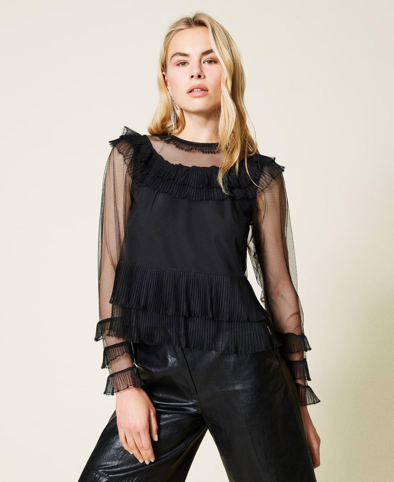 Pleated flounce tulle blouse Black Woman 212TP2202-04