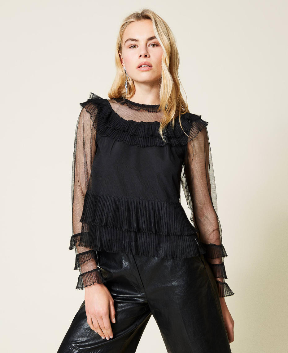Pleated flounce tulle blouse Black Woman 212TP2202-04