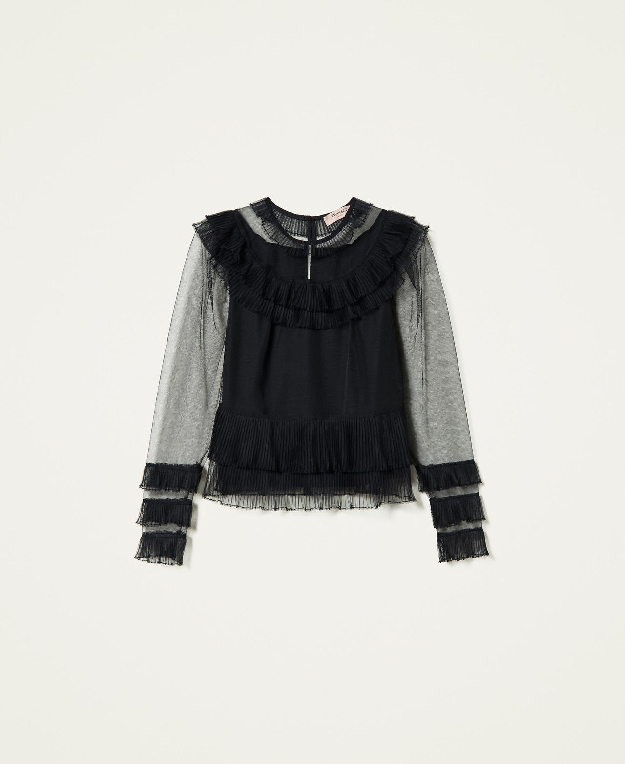 Pleated flounce tulle blouse Black Woman 212TP2202-0S