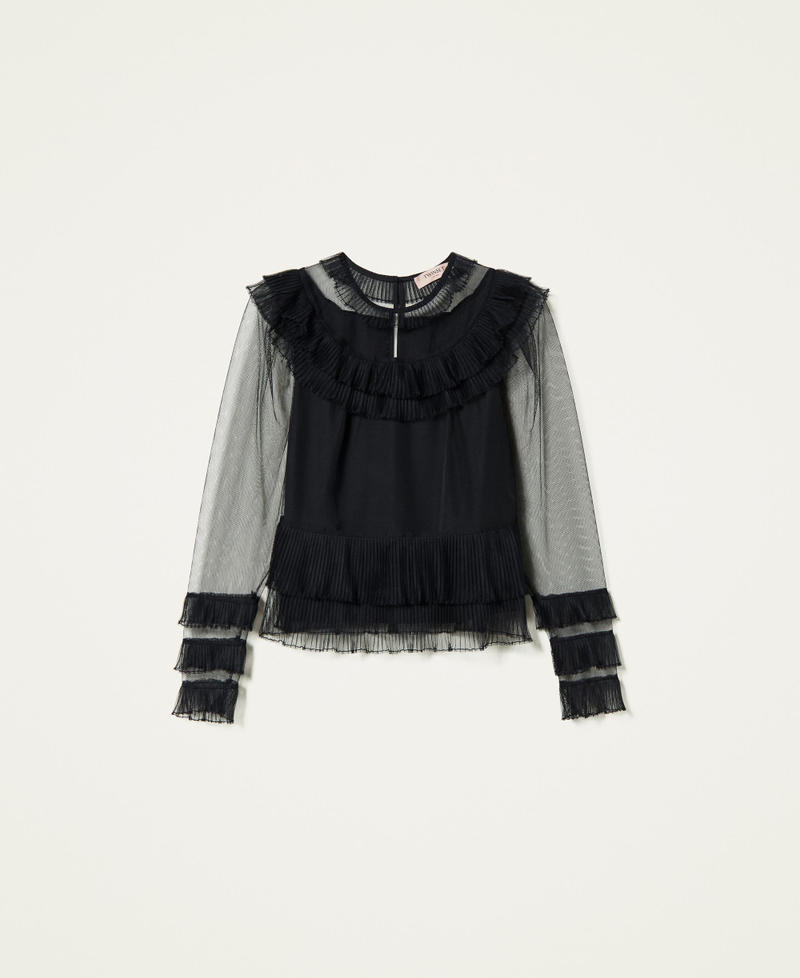 Pleated flounce tulle blouse Black Woman 212TP2202-0S