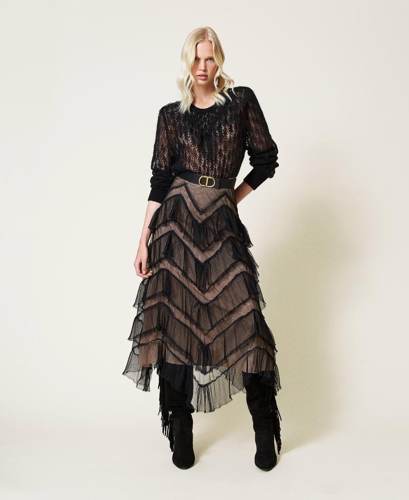 Long tulle skirt with pleated flounces Black Woman 212TP2204-01