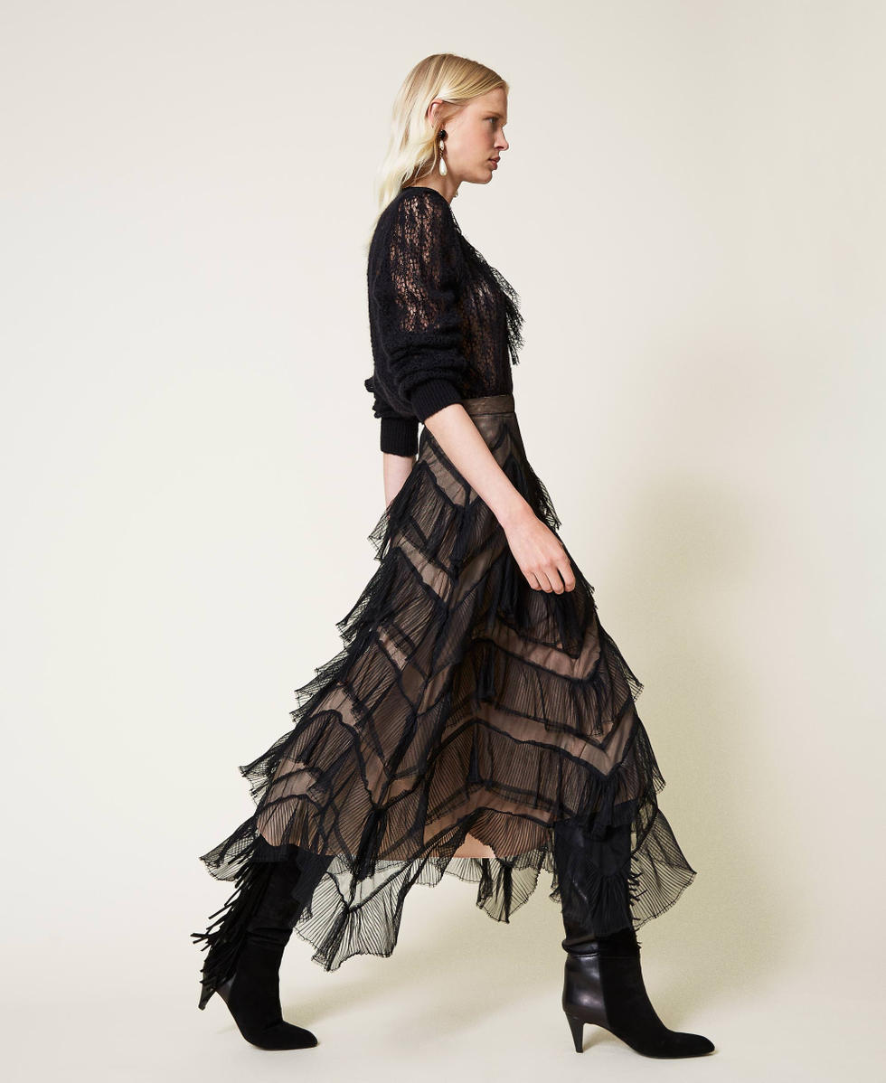 Long tulle skirt with pleated flounces Woman Black TWINSET Milano