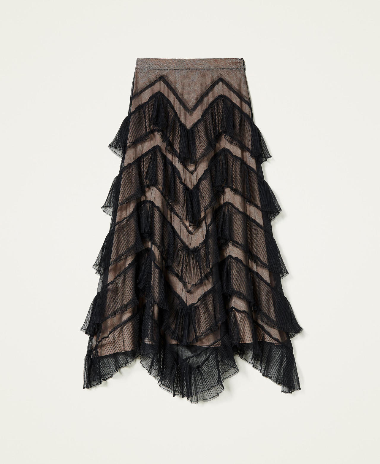 Long tulle skirt with pleated flounces Black Woman 212TP2204-0S