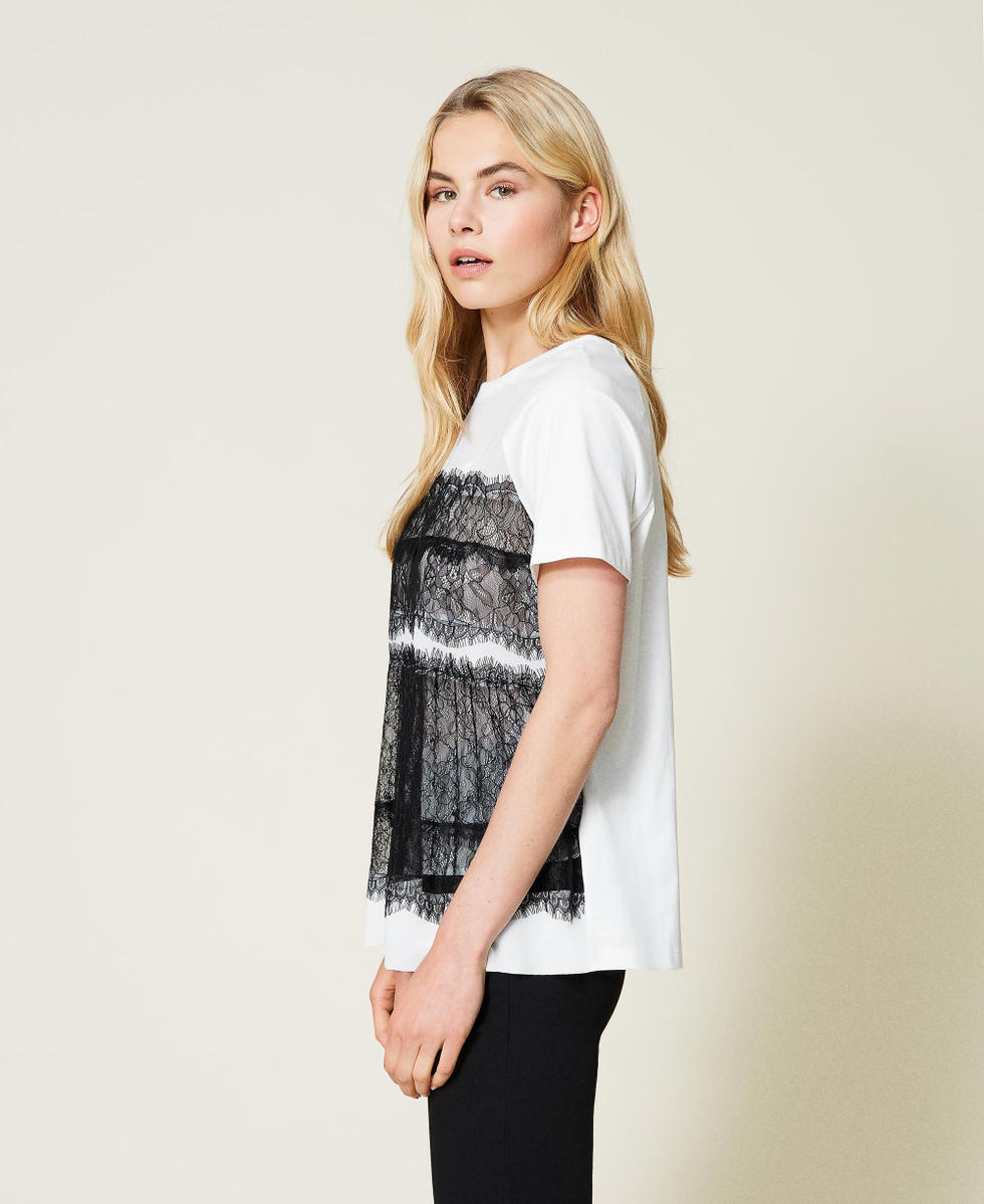 【PORTERNA】Dia Lace Ribbed T-shirt T-shirt with contrasting lace Woman, White | TWINSET Milano