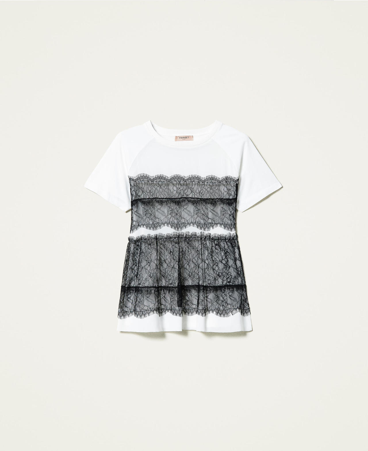 T-shirt avec dentelle contrastée Bicolore Blanc Optique / Noir Femme 212TP2222-0S