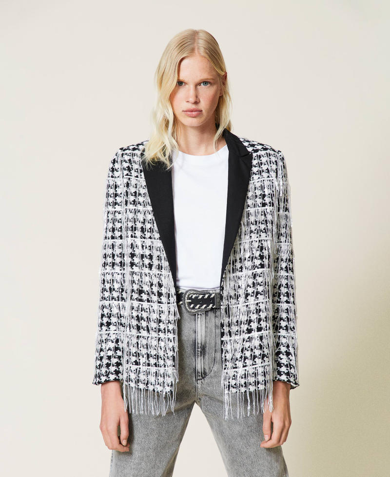 Blazer with sequin fringes “Snow” White / Black Large Houndstooth Woman 212TP2260-05