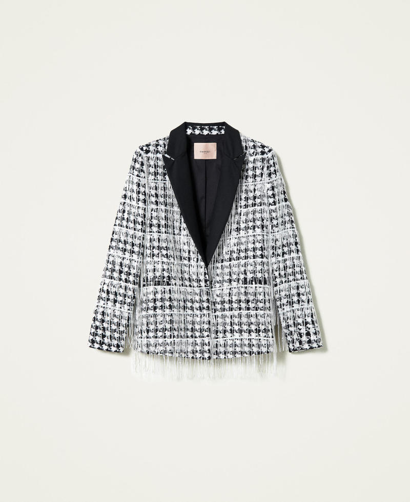 Blazer with sequin fringes &ldquo;Snow&rdquo; White / Black Large Houndstooth Woman 212TP2260-0S